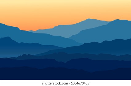 Vector landscape with blue silhouettes of mountains and hills with beautiful orange evening sky. Huge mountain range silhouettes in twilight. Vector hand drawn illustration.