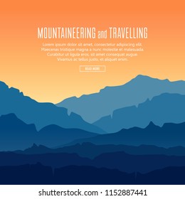 Vector landscape with blue silhouettes of mountains and hills with beautiful orange evening sky. Mountaineering and travelling background with huge mountain range silhouettes in twilight.