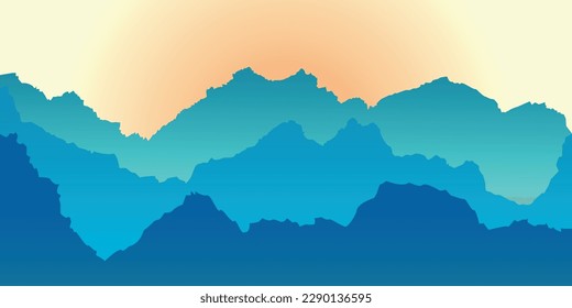Vector landscape with blue silhouettes of mountains  and sunrise, Natural wallpaper with gradients