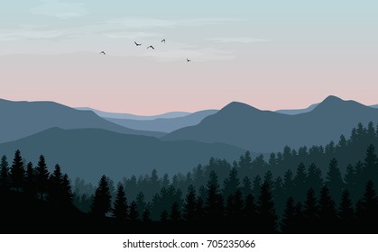 Vector landscape with blue silhouettes of mountains, hills and forest with sunset or dawn pink sky