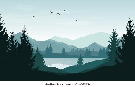 Vector landscape with blue silhouettes of mountains, hills and forest and sky with clouds and birds