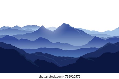 Vector landscape with blue silhouettes of mountains with mist and white sky as background