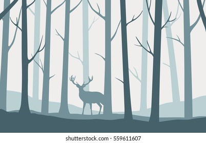 Vector landscape with blue silhouettes of trees in the forest and deer