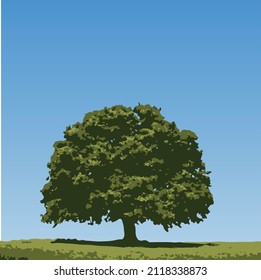 Vector landscape with a blue sky and a green tree