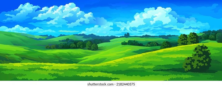 Vector landscape. Blue sky with white clouds and green hills, separated  by ravines.