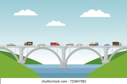 Vector Landscape With Bridge And Cars