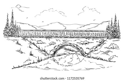 vector - Landscape with Bridge - isolated on background