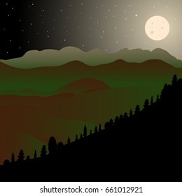 Vector landscape with brown and green mountain hills and moon ; Nightime mountain view design