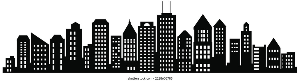 A vector landscape of buildings silhouetted on white background. A black outlines of low rise and high-rise complexes and skyscrapers. Structural constructions placed urban objects