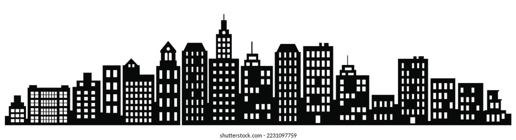 A vector landscape of buildings silhouetted on white background. A black outlines of low rise and high-rise complexes and skyscrapers.