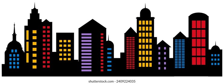 A vector landscape of buildings silhouetted on white background. A black outlines of low rise and high-rise complexes and skyscrapers. Structural constructions placed urban objects