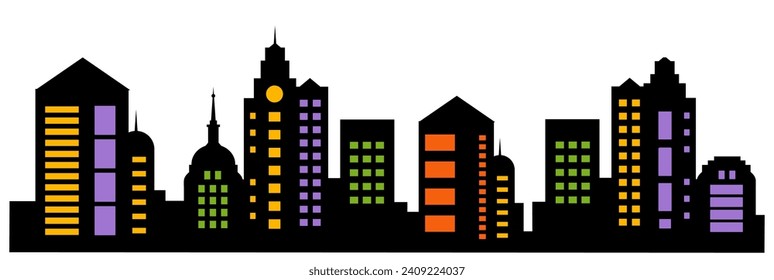 A vector landscape of buildings silhouetted on white background. A black outlines of low rise and high-rise complexes and skyscrapers. Structural constructions placed urban objects