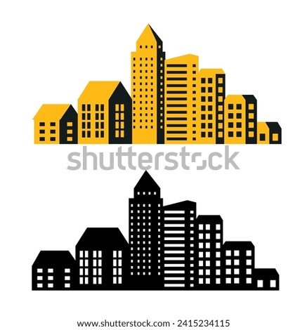 A vector landscape of buildings silhouetted on white background. A black outlines of low rise and high-rise complexes and skyscrapers. Structural constructions placed urban objects