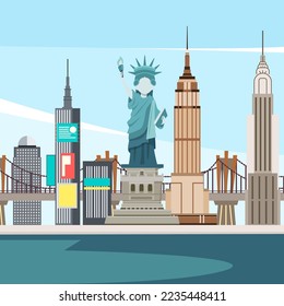 vector landscape of buildings and Statue of Liberty in new york city
