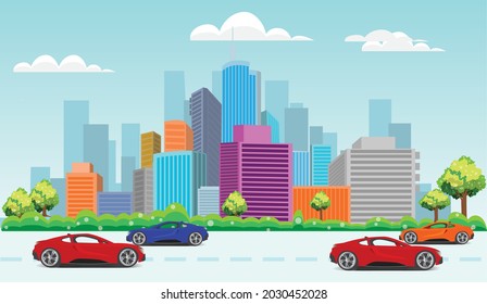 Vector landscape with buildings. Urban skyline residential houses, green trees and  cars, cityscape.