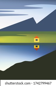 Paisaje vectorial con cabaña, lago y montañas