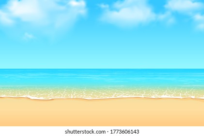 Vector landscape of the calm seashore and cloudy sky on a sunny summer day