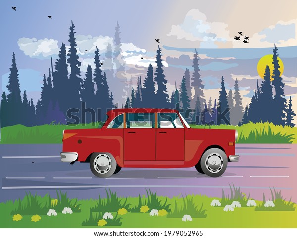Vector landscape
With Car, blue sky, Summer landscape, Vector illustration, highway
drive with Car, Empty road on city summer valley, clouds and Birds
on the sky.
