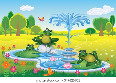 Vector landscape with cartoon fountain and frogs                               