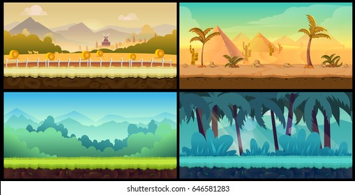 Vector landscape cartoon seamless backgrounds set for game,Vector illustration for your design.Ready for parallax effect