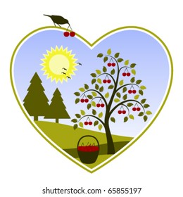 vector landscape with cherry tree in heart on white background