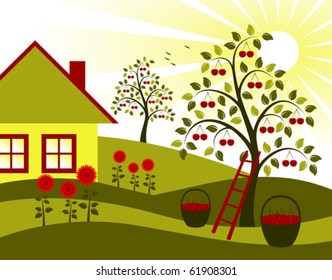 vector landscape with cherry trees, flower and cottage