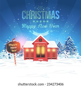 Vector Landscape and Christmas Hotel, Cottage, House Blue Background, Banner or Card Illustration 