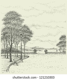 Vector landscape city park. Bench near the lantern under the tall trees near the descent to the sea