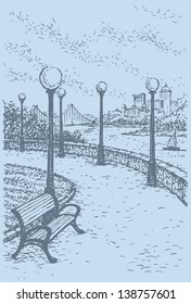 Vector landscape of city park. Bench in the alley with lanterns above the steep bank of the river with a view of the bridge and high-rise buildings on the other side