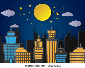 Vector Landscape City Village with full moon and urban.paper art style.