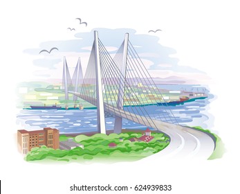 Vector landscape city of Vladivostok, with a bridge across the Golden horn, drawn in imitation of watercolor