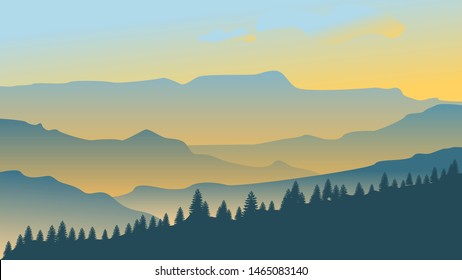 Vector landscape of cliffs, hills or mountains. Foggy landscpae gradient vector illustration.