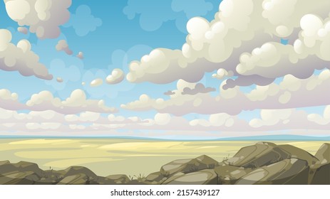 Vector landscape with clouds and stones