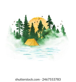 Paisaje de Vector con bosque de coníferas, carpa, sol y pájaros aislados sobre fondo blanco. Neblina matutina en el bosque. Ilustración de la naturaleza de acuarela. Todos los Elementos son objetos individuales