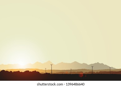 Vector landscape with copy space for text. Everyday life scene, summer sunrise in countryside, view towards distant mountains. Old electric poles along road, bright sunshine, peaceful morning panorama