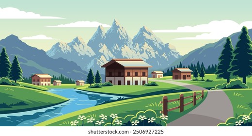 Vector Landscape Of Countryside Mountains Illustration. Village, Mountains, River, Road, Flowers, Land, And Trees Scenery