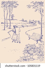 Vector landscape. Couple in love walking along the alleys of the park