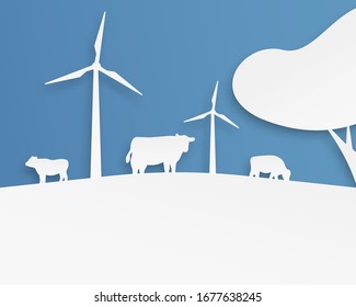 Vector landscape with cows, wind turbines and tree in paper cut style. Vector illustration. 