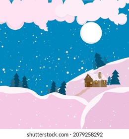 Vector landscape of coyote brown color cabin in the of orchid pink color land covered with white snow, pine tree around the cabin, pale purple Panton and lavender blush clouds on the blue ncs sky.