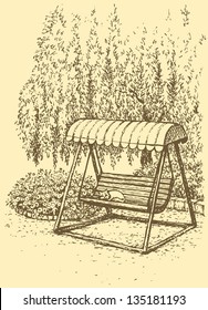 Vector landscape. Cozy corner summer park. Swing-bench near flower beds under the branches of a willow
