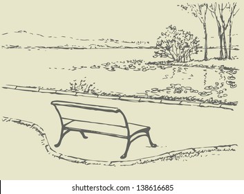 Vector landscape. Cozy, quiet corner of the park. Bench in front of the river with views of the island with wild trees