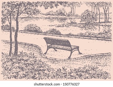 Vector landscape. Cozy, quiet corner of the old park near river. Bench, surrounded by flowering shrubs