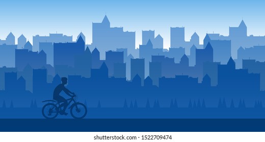 Vector landscape. A cyclist rides through the city. Flat style. Blue wallpapers. Silhouette of a guy on a bike. Cycling through the park. Buildings. Panorama