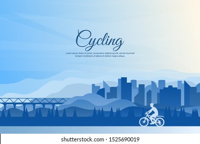 Vector landscape. A cyclist rides through the city. Flat style. Blue wallpapers. Silhouette of a guy on a bike. Cycling through the park. Buildings. Template with free space for text. Polygonal sky