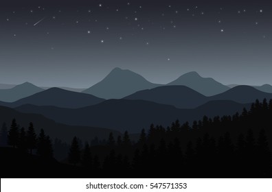 Vector landscape with dark silhouettes of mountains hills and forest with starry sky in the background