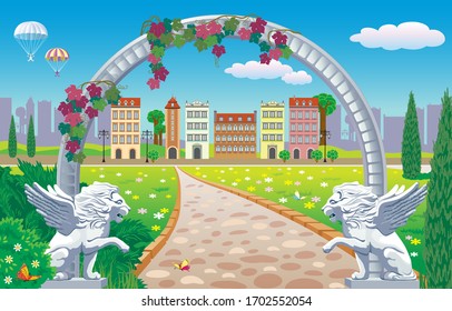 Vector landscape with a decorative marble arch decorated with sculptures of two lions and a road leading to the city