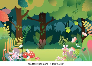 Vector landscape with deep foggy forest. Background of landscape cartoon style, eps 10 vector.