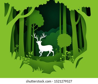 Vector landscape with deep forest plantation and deer. Background of landscape paper art style, eps 10 vector.