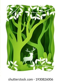 Vector landscape with deep forest plantation and deer. Eps 10 Vector.