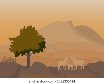 Vector landscape with deers family and mountain on brown shade background,vector illustration.